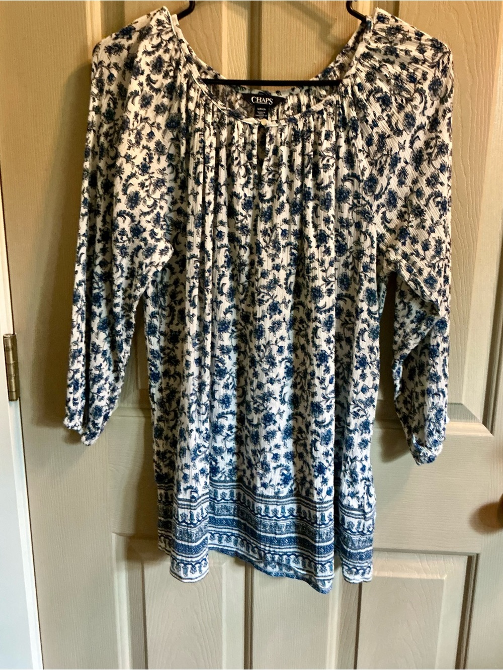 Chaps White Tunic with Blue Floral Print peasant top size small